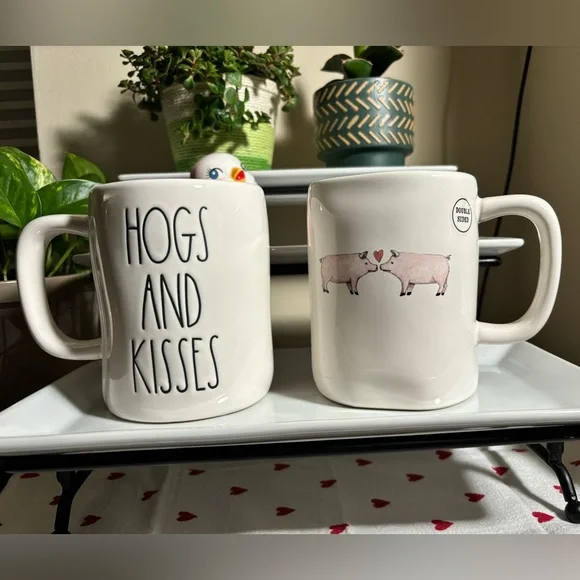 Set of 2 Rae Dunn HOGS & KISSES Double sided mugs - Picture 3 of 5